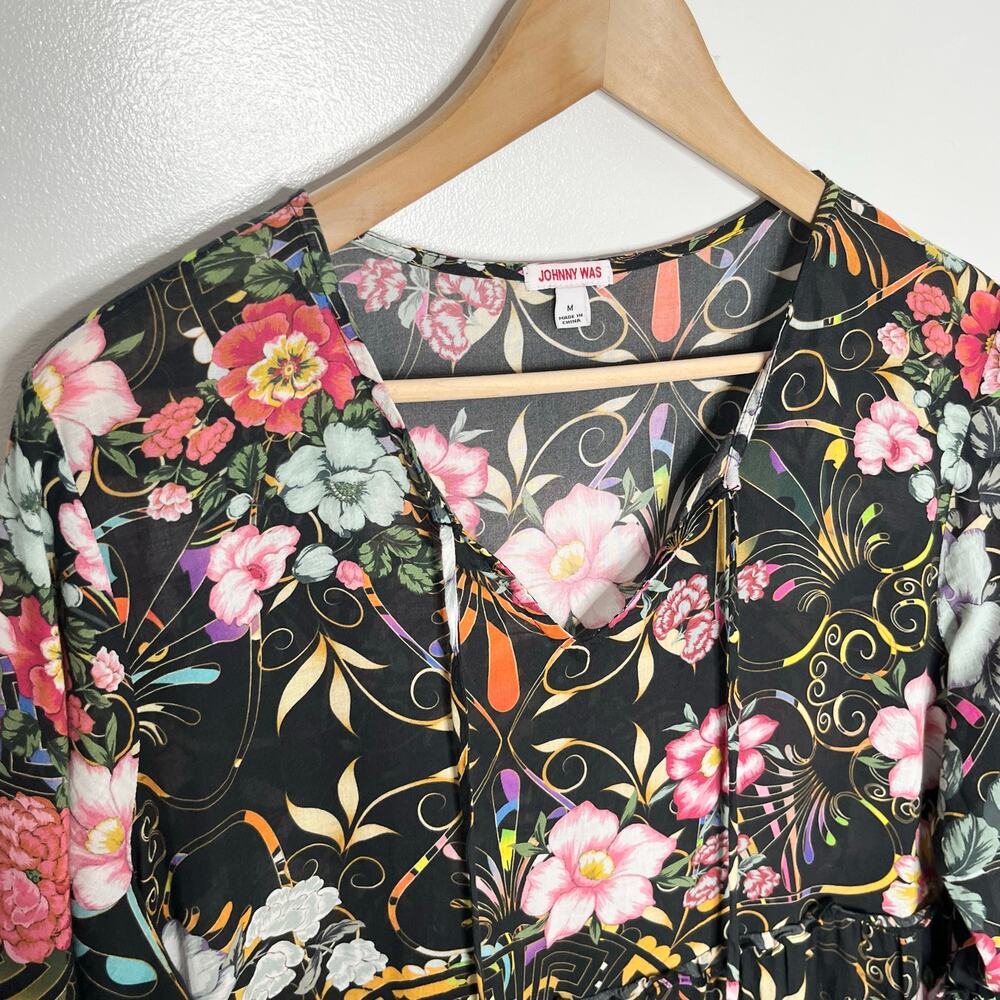 Johnny Was Womens Peace Ruffle Tiered Dress Medium Black Floral V Neck Boho - Picture 7 of 12
